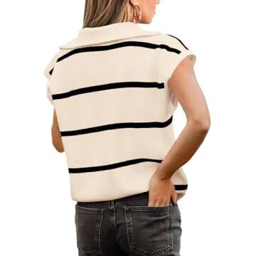 PRETTYGARDEN Women's Casual Striped T Shirts Cap Sleeve V Neck 1/4 Zip Basic Summer Tops Blouse (Bei...