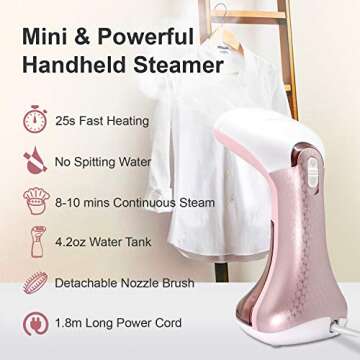 Mini Handheld Steamer for Clothes Garment, Portable Travel Garment Steamer, Powerful Iron Wrinkles Remover for Travel/Home, Compact Iron Steamer for Clothing, Any Fabrics, IDEER (Pink)