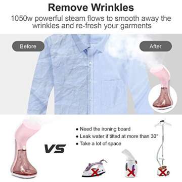 Mini Handheld Steamer for Clothes Garment, Portable Travel Garment Steamer, Powerful Iron Wrinkles Remover for Travel/Home, Compact Iron Steamer for Clothing, Any Fabrics, IDEER (Pink)