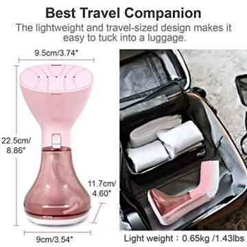 Mini Handheld Steamer for Clothes Garment, Portable Travel Garment Steamer, Powerful Iron Wrinkles Remover for Travel/Home, Compact Iron Steamer for Clothing, Any Fabrics, IDEER (Pink)