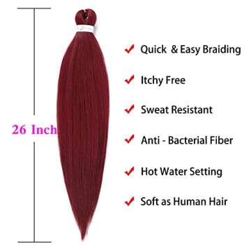 Burgundy Braiding Hair Pre Stretched Wine Red EZ Braiding Hair Yaki Texture 6Pcs/Lot 26 Inches Hot Water Setting Professional Synthetic Braids for Crochet Hair Extensions(#900)