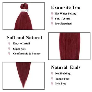 Burgundy Braiding Hair Pre Stretched Wine Red EZ Braiding Hair Yaki Texture 6Pcs/Lot 26 Inches Hot Water Setting Professional Synthetic Braids for Crochet Hair Extensions(#900)