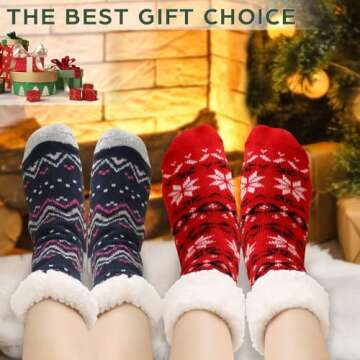 DG Hill Treehouse Knit (2 Pack) Womens Thick Knit Sherpa Fleece Lined Thermal Fuzzy Slipper Socks with Grippers