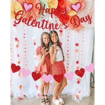 Happy Galentine's Day Banner Red Pink Galentine's Day Bunting Banner With Glitter,Galentines Day Heart Decorations for Galentines Day Anniversary Decorations Supplies
