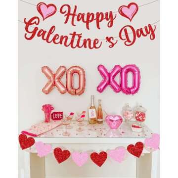 Happy Galentine's Day Banner Red Pink Galentine's Day Bunting Banner With Glitter,Galentines Day Heart Decorations for Galentines Day Anniversary Decorations Supplies