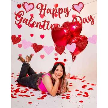 Happy Galentine's Day Banner Red Pink Galentine's Day Bunting Banner With Glitter,Galentines Day Heart Decorations for Galentines Day Anniversary Decorations Supplies