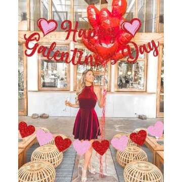 Happy Galentine's Day Banner Red Pink Galentine's Day Bunting Banner With Glitter,Galentines Day Heart Decorations for Galentines Day Anniversary Decorations Supplies