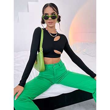 WDIRARA Women's Cut Out Long Sleeve Round Neck Crop Top Slim T Shirt Black M
