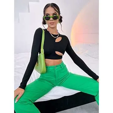 WDIRARA Women's Cut Out Long Sleeve Round Neck Crop Top Slim T Shirt Black M