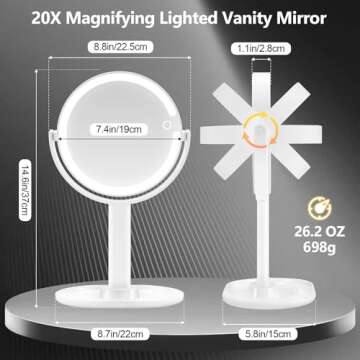 MIYADIVA Makeup Mirror with Lights, 20X Magnifying Mirror with Light and Touch Switch, Vanity Mirror with 3 Color Light and 80 LEDs, 2-Sided Desk Mirror with Light 8.8 Inches