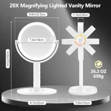 MIYADIVA Makeup Mirror with Lights, 20X Magnifying Mirror with Light and Touch Switch, Vanity Mirror with 3 Color Light and 80 LEDs, 2-Sided Desk Mirror with Light 8.8 Inches