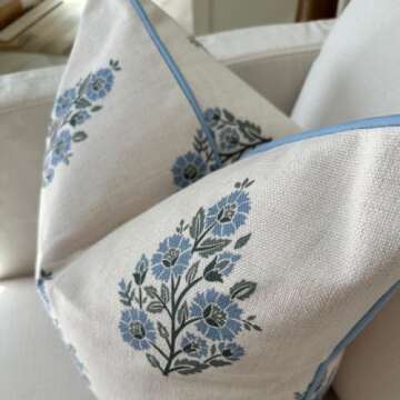 Jillien Harbor Floral Pillow Cover Camille Blockprint Throw Pillow for Home Grandmillennial 20"x20" 50 cm x 50 cm Pillow Cover Floral Pillow Cover Grandmillennial Home Decor