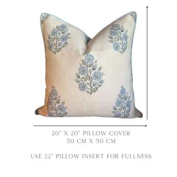Jillien Harbor Floral Pillow Cover Camille Blockprint Throw Pillow for Home Grandmillennial 20"x20" 50 cm x 50 cm Pillow Cover Floral Pillow Cover Grandmillennial Home Decor
