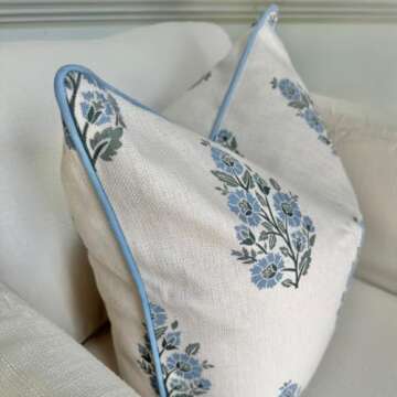 Jillien Harbor Floral Pillow Cover Camille Blockprint Throw Pillow for Home Grandmillennial 20"x20" 50 cm x 50 cm Pillow Cover Floral Pillow Cover Grandmillennial Home Decor