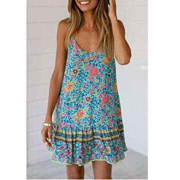 Summer Dresses for Women, Floral Print Sundress Straps Beach Dress Short Boho Dresses with Pocket Green M