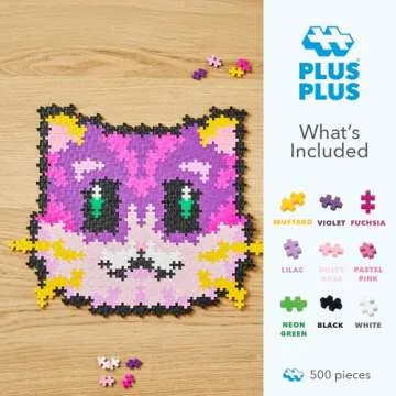 Plus Plus Puzzle By Number, 500 Piece Mini Interlocking Hashtag Color Blocks, 3D Pixel Art Kit for Kids - Kitten