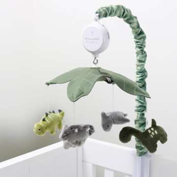 The Peanutshell Crib Mobile for Boys or Girls - Grey and Green Camo Musical Baby Crib Mobile with 12 Lullabies, Dino Baby Dinosaur Nursery Decor