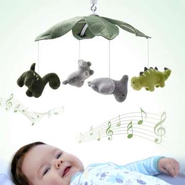 The Peanutshell Crib Mobile for Boys or Girls - Grey and Green Camo Musical Baby Crib Mobile with 12 Lullabies, Dino Baby Dinosaur Nursery Decor
