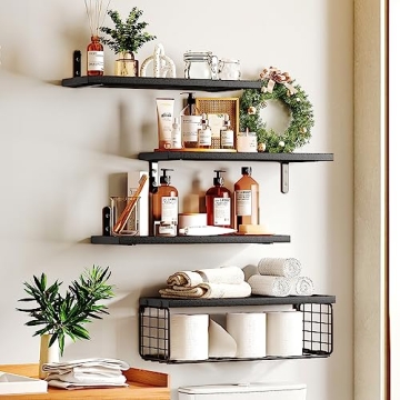 Fixwal Rustic Floating Shelves with Wire Basket for Home