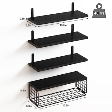 Fixwal Rustic Floating Shelves with Wire Basket for Home