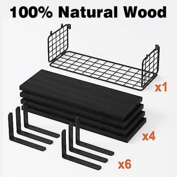 Fixwal Rustic Floating Shelves with Wire Basket for Home