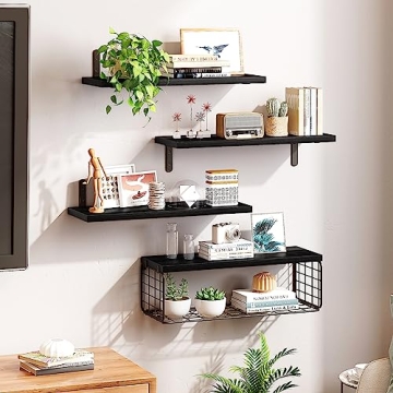 Fixwal Rustic Floating Shelves with Wire Basket for Home