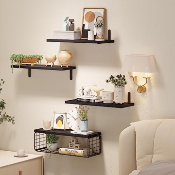 Fixwal Rustic Floating Shelves with Wire Basket for Home