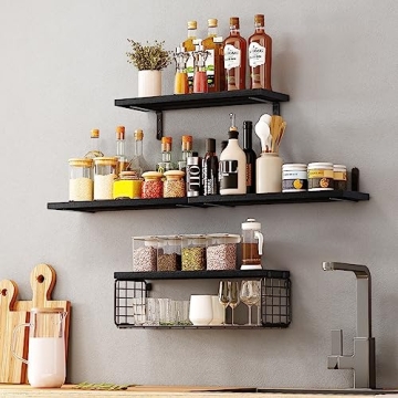 Fixwal Rustic Floating Shelves with Wire Basket for Home