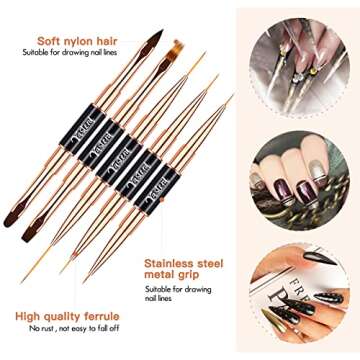 Yasterd Nail Art Brush Set Professional- 5pcs Double-Ended Nail Art Brushes for Long Lines, Thin Lin...