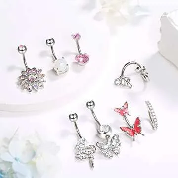 Dochais 8PCS Belly Buton Ring Surgical Stainless Steel Belly Button Rings for Women Dangle Belly Button Rings Butterfly Cubic Zirconia Body Piercing Jewelry SILVER