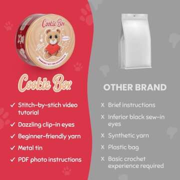 Cookie Box Crochet Kit for Beginners - Learn to Craft Amigurumi Stuffed Animals - Knitting Gift for Kids (13+) and Adults - Beginner-Friendly Yarn - Stitch-by-Stitch Video Tutorial - Bear Charlie