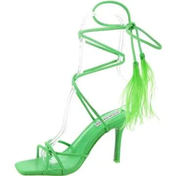 Steve Madden Bryden Neon Green Lace Up Open Toe Feather Detailed Heeled Sandals