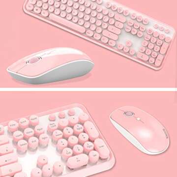 Pink Wireless Keyboard Mouse Combo, 2.4GHz Retro Typewriter, Letton Full Size Office Computer Keyboard and Cute Mouse with 3 DPI for Mac PC Desktop Laptop