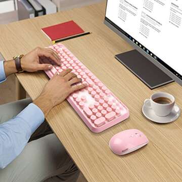 Pink Wireless Keyboard Mouse Combo, 2.4GHz Retro Typewriter, Letton Full Size Office Computer Keyboard and Cute Mouse with 3 DPI for Mac PC Desktop Laptop