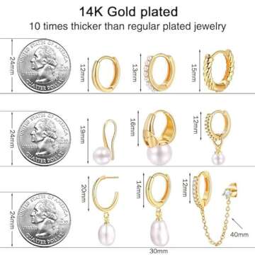 17KM 9 Pairs Small Gold Huggie Hoop Earrings for Women, 14K Gold Plated Hypoallergenic Pearl Drop Ho...