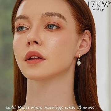 17KM 9 Pairs Small Gold Huggie Hoop Earrings for Women, 14K Gold Plated Hypoallergenic Pearl Drop Hoop Earrings Set with Charms for Gift, Gold1-9pairs