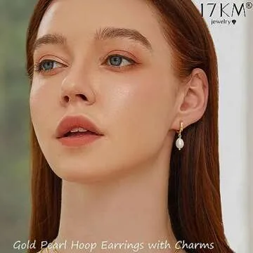 17KM 9 Pairs Small Gold Huggie Hoop Earrings for Women, 14K Gold Plated Hypoallergenic Pearl Drop Hoop Earrings Set with Charms for Gift, Gold1-9pairs
