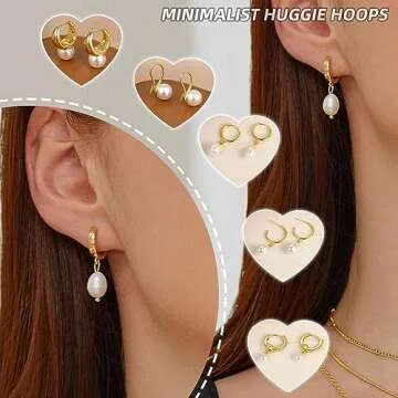 17KM 9 Pairs Small Gold Huggie Hoop Earrings for Women, 14K Gold Plated Hypoallergenic Pearl Drop Hoop Earrings Set with Charms for Gift, Gold1-9pairs