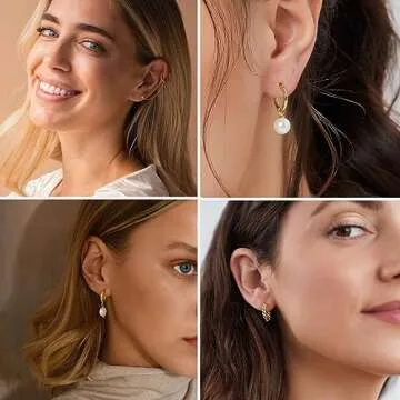 17KM 9 Pairs Small Gold Huggie Hoop Earrings for Women, 14K Gold Plated Hypoallergenic Pearl Drop Hoop Earrings Set with Charms for Gift, Gold1-9pairs