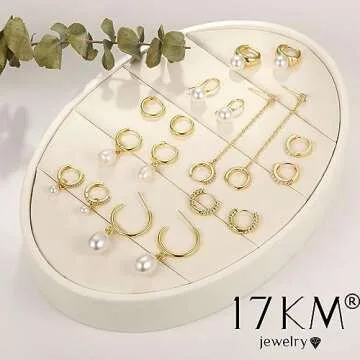 17KM 9 Pairs Small Gold Huggie Hoop Earrings for Women, 14K Gold Plated Hypoallergenic Pearl Drop Hoop Earrings Set with Charms for Gift, Gold1-9pairs