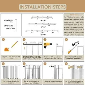 OLV 2 Pack Gold Curtain Rods for Window 72 to 144 inch, 1 inch Diameter Adjustable Heavy Duty Single Window Drapery Rods with End Cap Design Finials, Brass Gold
