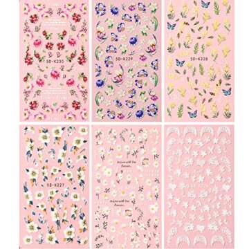 6 Sheets Flower Nail Art Stickers - 5D Floral Decals for Stunning Manicures