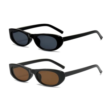 EYLRIM Trend Narrow Cat Eye Sunglasses for Women Fashion Small Oval Sun Glasses Black Shades(2 Pack ...
