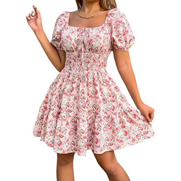 Floerns Women's Boho Square Neck Puff Short Sleeve Self Tie Front A Line Dress A Pink XL