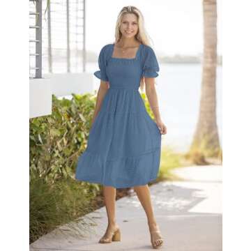 MEROKEETY Women's 2023 Summer Square Neck Puff Sleeve Boho Midi Dress Swiss Dot Ruffle Flowy Tie Bac...