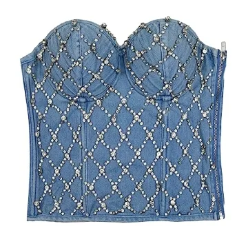 Denim Rhinestone Corset Top for Club & Party Wear