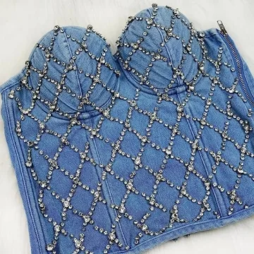 Denim Rhinestone Corset Top for Club & Party Wear