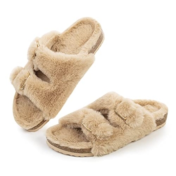 FITORY Womens Open Toe Slipper with Cozy Lining,Faux Rabbit Fur Cork Slide Sandals Size 10