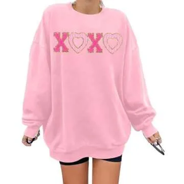 MYHALF Valentines Sweatshirt Women Valentine Shirts: Oversized Embroidered Crewneck Tops Holiday Long Sleeve Outfits