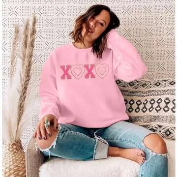 MYHALF Valentines Sweatshirt Women Valentine Shirts: Oversized Embroidered Crewneck Tops Holiday Long Sleeve Outfits